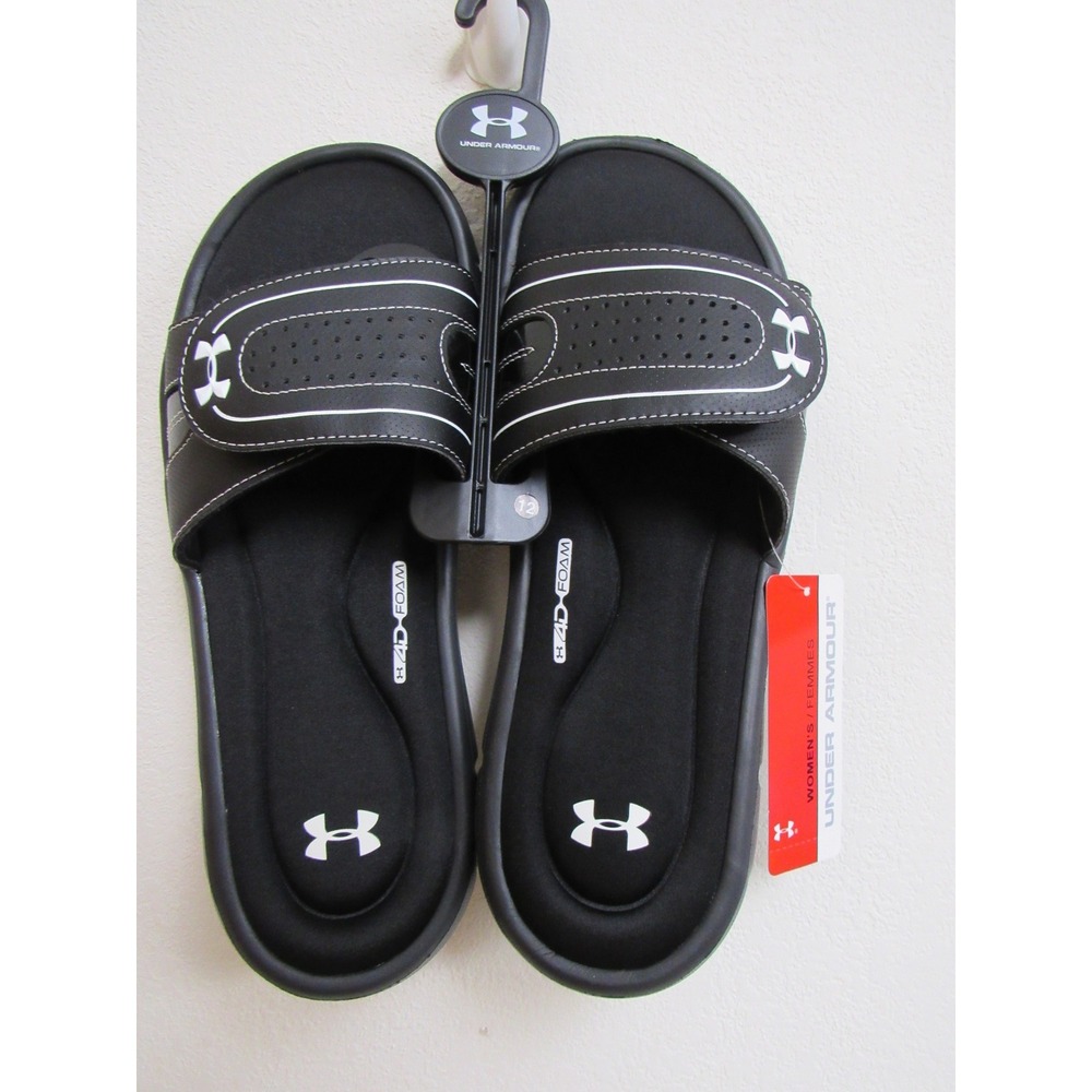 Under Armour W Ignite VIII SL Women Black White Athletic Slide Sandals 1287319